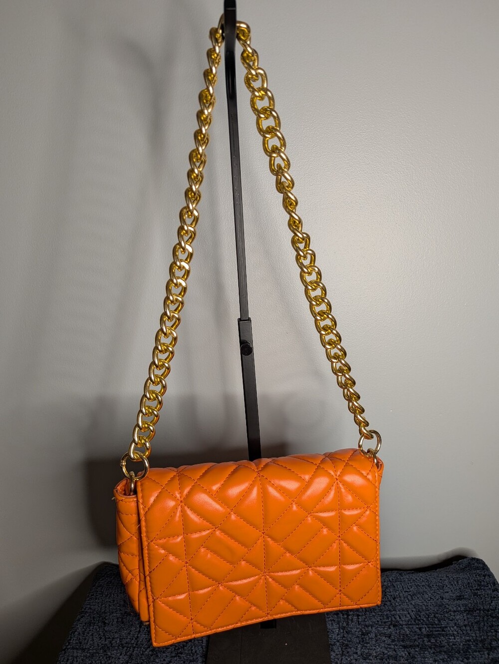 Quilted Orange Faux Leather Flap Crossbody Bag Gold Chain Link Strap Vibrant